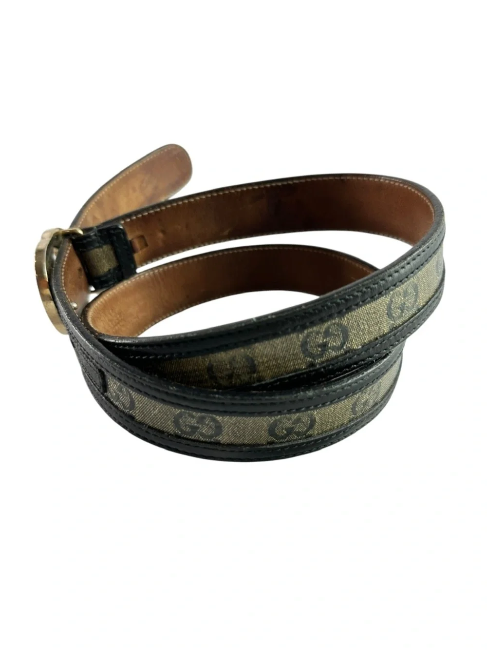 Genuine Vintage GUCCI Black Leather Canvas Interlocking GG Gold Buckle Belt 34